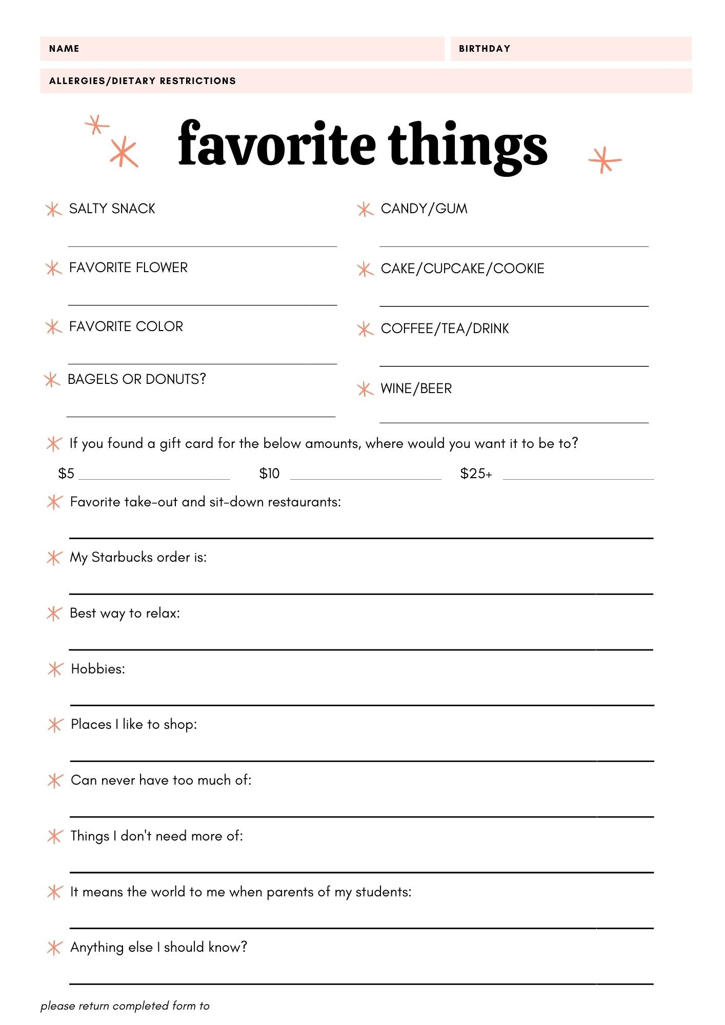 My Favorite Things List - Free Printable Gift Ideas for Teachers