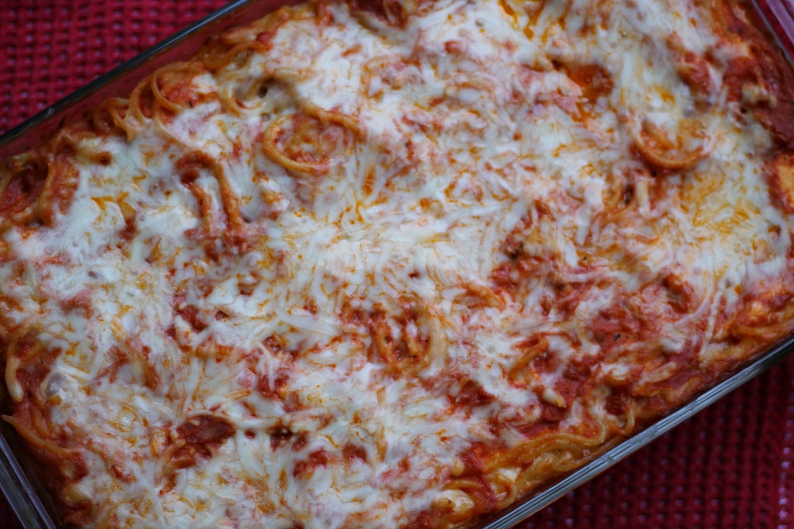 baked spaghetti in dish 