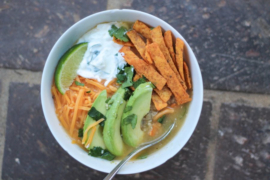 slow cooker white chicken chili in bowl 