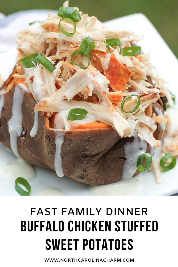 North Carolina lifestyle blogger, Christina shares a delicious Buffalo Chicken Stuffed Sweet Potatoes recipe! Check out this fast family crockpot meal! 