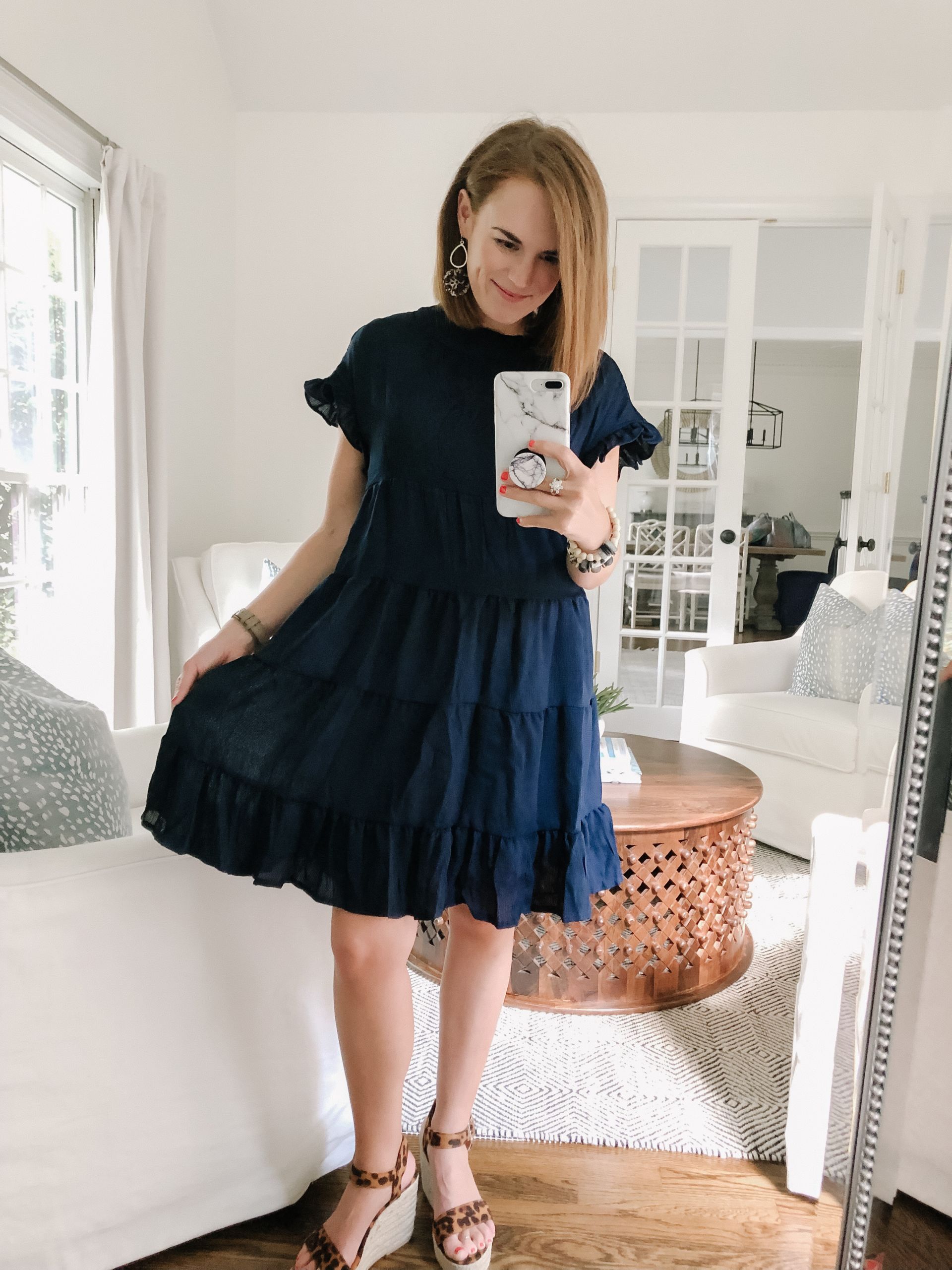 blue ruffle dress and leopard wedges 