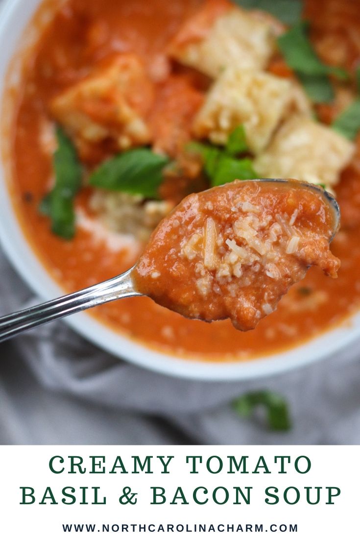North Carolina lifestyle blogger, Christina shares an easy and delicious Creamy Tomato Basil & Bacon Soup recipe! Make it yourself!